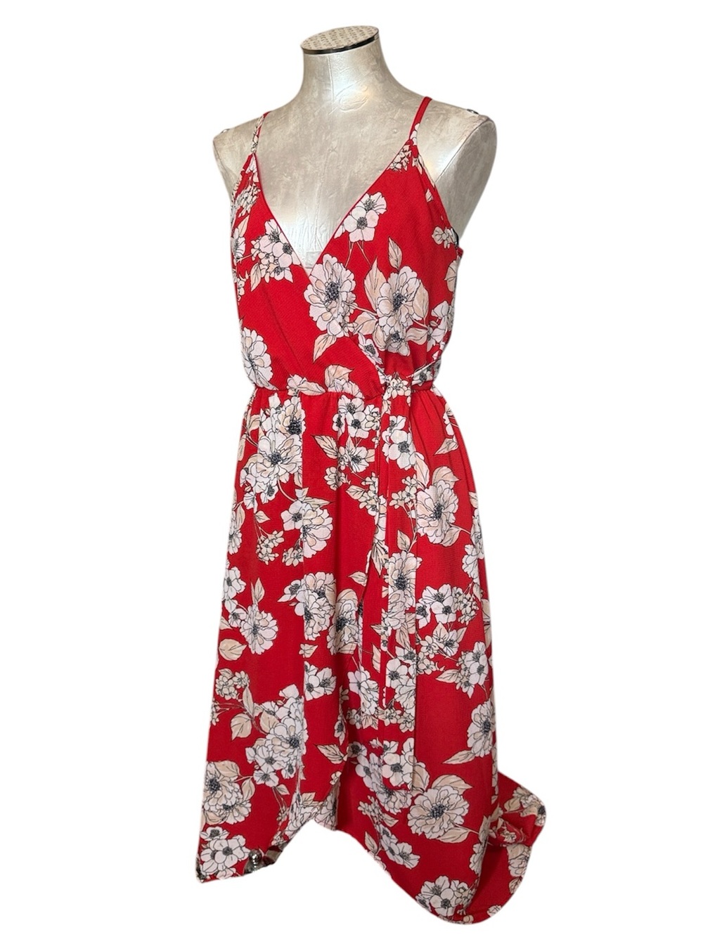 Scobe Red Floral Faux Wrap High Low Maxi Dress Size M